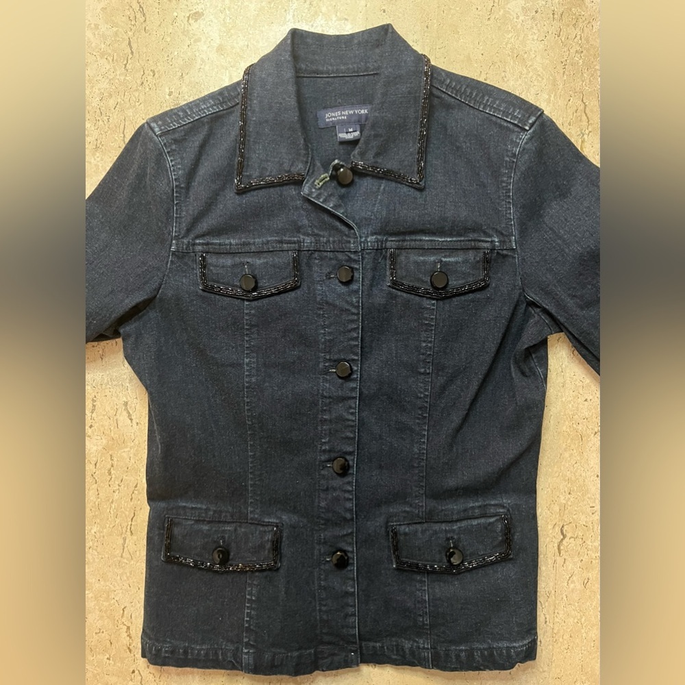 Jones New York Signature Vienna Dark Wash Denim Jacket Beaded Accents Size Med - Picture 2 of 7